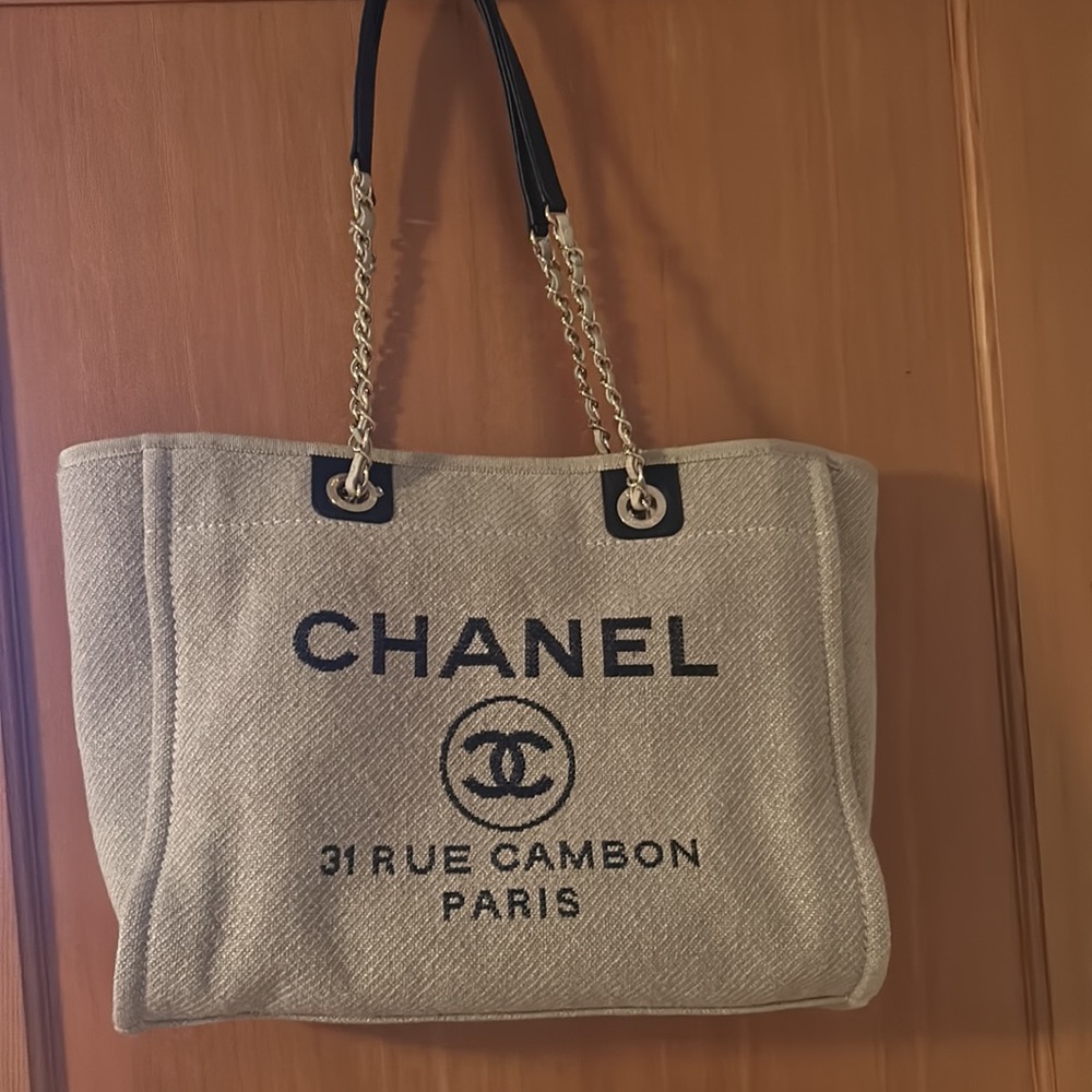 SOLD ON RR NEW CHANEL Deauville Tote Canvas Leather AUTHENTIC W bonus pouch
